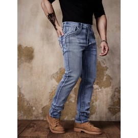 ESDVQ Men's Vintage-Inspired Embroidered Stretch Jeans - Slim Fit, Cotton Blend Denim with Pockets ESDVQ Men's Vintage-Inspired Embroidered Stretch Jeans - Slim Fit, Cotton Blend Denim with Pockets