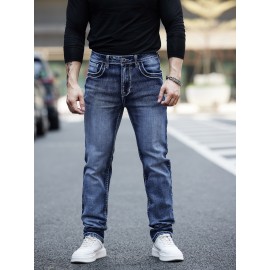 ESDVQ Men's Vintage-Inspired Embroidered Stretch Jeans - Slim Fit, Cotton Blend Denim with Pockets ESDVQ Men's Vintage-Inspired Embroidered Stretch Jeans - Slim Fit, Cotton Blend Denim with Pockets