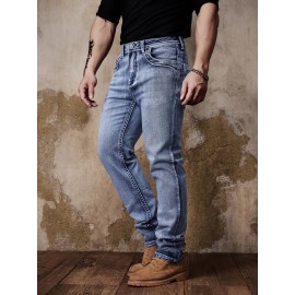 ESDVQ Men's Vintage-Inspired Embroidered Stretch Jeans - Slim Fit, Cotton Blend Denim with Pockets ESDVQ Men's Vintage-Inspired Embroidered Stretch Jeans - Slim Fit, Cotton Blend Denim with Pockets