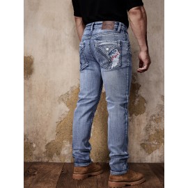 ESDVQ Men's Vintage-Inspired Embroidered Stretch Jeans - Slim Fit, Cotton Blend Denim with Pockets ESDVQ Men's Vintage-Inspired Embroidered Stretch Jeans - Slim Fit, Cotton Blend Denim with Pockets
