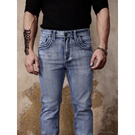 ESDVQ Men's Vintage-Inspired Embroidered Stretch Jeans - Slim Fit, Cotton Blend Denim with Pockets ESDVQ Men's Vintage-Inspired Embroidered Stretch Jeans - Slim Fit, Cotton Blend Denim with Pockets