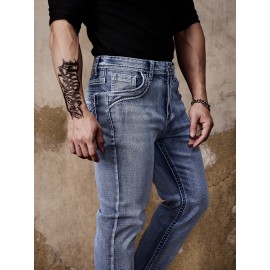 ESDVQ Men's Vintage-Inspired Embroidered Stretch Jeans - Slim Fit, Cotton Blend Denim with Pockets ESDVQ Men's Vintage-Inspired Embroidered Stretch Jeans - Slim Fit, Cotton Blend Denim with Pockets