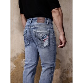 ESDVQ Men's Vintage-Inspired Embroidered Stretch Jeans - Slim Fit, Cotton Blend Denim with Pockets ESDVQ Men's Vintage-Inspired Embroidered Stretch Jeans - Slim Fit, Cotton Blend Denim with Pockets