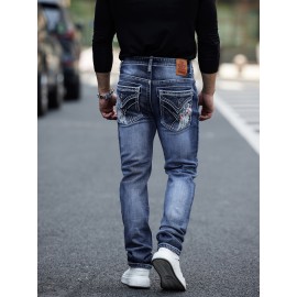 ESDVQ Men's Vintage-Inspired Embroidered Stretch Jeans - Slim Fit, Cotton Blend Denim with Pockets ESDVQ Men's Vintage-Inspired Embroidered Stretch Jeans - Slim Fit, Cotton Blend Denim with Pockets
