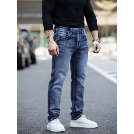 ESDVQ Men's Vintage-Inspired Embroidered Stretch Jeans - Slim Fit, Cotton Blend Denim with Pockets ESDVQ Men's Vintage-Inspired Embroidered Stretch Jeans - Slim Fit, Cotton Blend Denim with Pockets