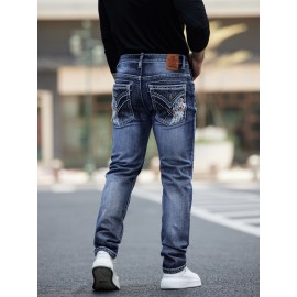 ESDVQ Men's Vintage-Inspired Embroidered Stretch Jeans - Slim Fit, Cotton Blend Denim with Pockets ESDVQ Men's Vintage-Inspired Embroidered Stretch Jeans - Slim Fit, Cotton Blend Denim with Pockets
