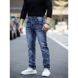 ESDVQ Men's Vintage-Inspired Embroidered Stretch Jeans - Slim Fit, Cotton Blend Denim with Pockets ESDVQ Men's Vintage-Inspired Embroidered Stretch Jeans - Slim Fit, Cotton Blend Denim with Pockets