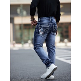 ESDVQ Men's Vintage-Inspired Embroidered Stretch Jeans - Slim Fit, Cotton Blend Denim with Pockets ESDVQ Men's Vintage-Inspired Embroidered Stretch Jeans - Slim Fit, Cotton Blend Denim with Pockets
