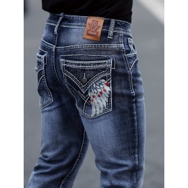 ESDVQ Men's Vintage-Inspired Embroidered Stretch Jeans - Slim Fit, Cotton Blend Denim with Pockets ESDVQ Men's Vintage-Inspired Embroidered Stretch Jeans - Slim Fit, Cotton Blend Denim with Pockets