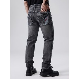ESDVQ Men's Vintage-Inspired Embroidered Stretch Jeans - Slim Fit, Cotton Blend Denim with Pockets ESDVQ Men's Vintage-Inspired Embroidered Stretch Jeans - Slim Fit, Cotton Blend Denim with Pockets