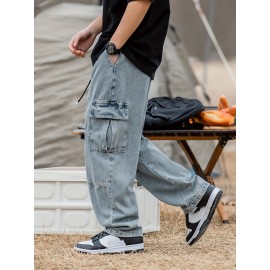 Men's Casual Loose-Fit Jeans with Unique 3D Pocket Design - Cotton Blend, Non-Stretch Denim for Spring/Fall Men's Casual Loose-Fit Jeans with Unique 3D Pocket Design - Cotton Blend, Non-Stretch Denim for Spring/Fall