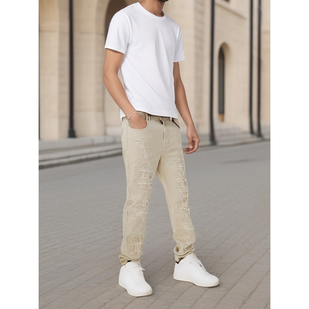 Men's Slim-Fit Stretch Cotton Jeans - Classic White, All-Season Casual Denim with Ripped Detail Men's Slim-Fit Stretch Cotton Jeans - Classic White, All-Season Casual Denim with Ripped Detail