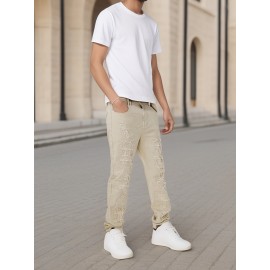 Men's Slim-Fit Stretch Cotton Jeans - Classic White, All-Season Casual Denim with Ripped Detail Men's Slim-Fit Stretch Cotton Jeans - Classic White, All-Season Casual Denim with Ripped Detail
