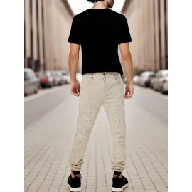 Men's Slim-Fit Stretch Cotton Jeans - Classic White, All-Season Casual Denim with Ripped Detail Men's Slim-Fit Stretch Cotton Jeans - Classic White, All-Season Casual Denim with Ripped Detail