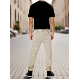 Men's Slim-Fit Stretch Cotton Jeans - Classic White, All-Season Casual Denim with Ripped Detail Men's Slim-Fit Stretch Cotton Jeans - Classic White, All-Season Casual Denim with Ripped Detail
