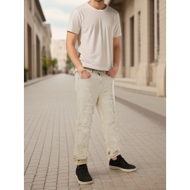 Men's Slim-Fit Stretch Cotton Jeans - Classic White, All-Season Casual Denim with Ripped Detail Men's Slim-Fit Stretch Cotton Jeans - Classic White, All-Season Casual Denim with Ripped Detail