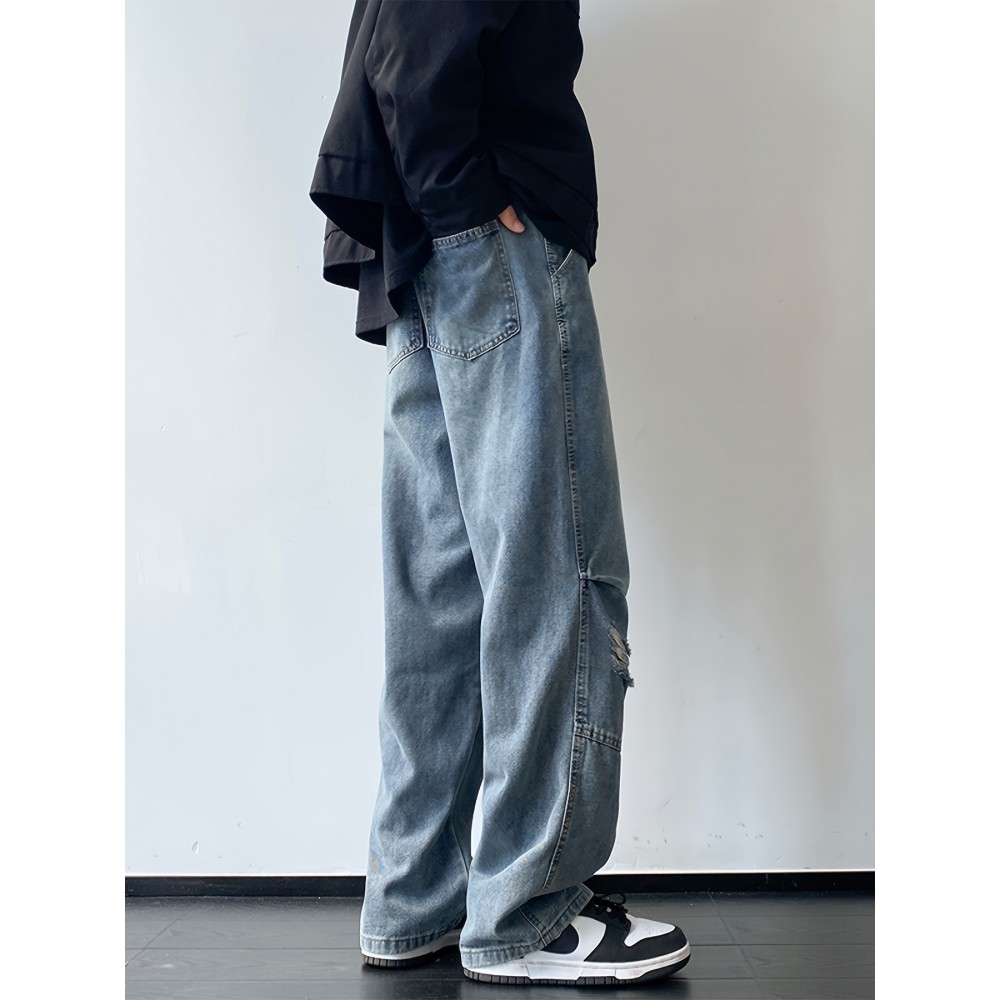 Men'S Casual Denim Jeans with Ripped Details, Mid Waist Regular Fit Non-Stretch Solid Color Jeans with Pockets, Zipper Fly All-Season Cotton Blend Denim for Outdoor Weekend Activities Men'S Casual Denim Jeans with Ripped Details, Mid Waist Regular Fit Non-Stretch Solid Color Jeans with Pockets, Zipper Fly All-Season Cotton Blend Denim for Outdoor Weekend Activities