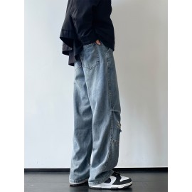 Men'S Casual Denim Jeans with Ripped Details, Mid Waist Regular Fit Non-Stretch Solid Color Jeans with Pockets, Zipper Fly All-Season Cotton Blend Denim for Outdoor Weekend Activities Men'S Casual Denim Jeans with Ripped Details, Mid Waist Regular Fit Non-Stretch Solid Color Jeans with Pockets, Zipper Fly All-Season Cotton Blend Denim for Outdoor Weekend Activities