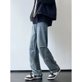 Men'S Casual Denim Jeans with Ripped Details, Mid Waist Regular Fit Non-Stretch Solid Color Jeans with Pockets, Zipper Fly All-Season Cotton Blend Denim for Outdoor Weekend Activities Men'S Casual Denim Jeans with Ripped Details, Mid Waist Regular Fit Non-Stretch Solid Color Jeans with Pockets, Zipper Fly All-Season Cotton Blend Denim for Outdoor Weekend Activities