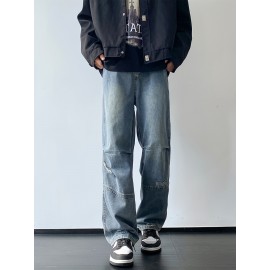 Men'S Casual Denim Jeans with Ripped Details, Mid Waist Regular Fit Non-Stretch Solid Color Jeans with Pockets, Zipper Fly All-Season Cotton Blend Denim for Outdoor Weekend Activities Men'S Casual Denim Jeans with Ripped Details, Mid Waist Regular Fit Non-Stretch Solid Color Jeans with Pockets, Zipper Fly All-Season Cotton Blend Denim for Outdoor Weekend Activities