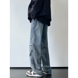 Men'S Casual Denim Jeans with Ripped Details, Mid Waist Regular Fit Non-Stretch Solid Color Jeans with Pockets, Zipper Fly All-Season Cotton Blend Denim for Outdoor Weekend Activities Men'S Casual Denim Jeans with Ripped Details, Mid Waist Regular Fit Non-Stretch Solid Color Jeans with Pockets, Zipper Fly All-Season Cotton Blend Denim for Outdoor Weekend Activities