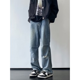 Men'S Casual Denim Jeans with Ripped Details, Mid Waist Regular Fit Non-Stretch Solid Color Jeans with Pockets, Zipper Fly All-Season Cotton Blend Denim for Outdoor Weekend Activities Men'S Casual Denim Jeans with Ripped Details, Mid Waist Regular Fit Non-Stretch Solid Color Jeans with Pockets, Zipper Fly All-Season Cotton Blend Denim for Outdoor Weekend Activities