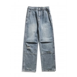 Men'S Casual Denim Jeans with Ripped Details, Mid Waist Regular Fit Non-Stretch Solid Color Jeans with Pockets, Zipper Fly All-Season Cotton Blend Denim for Outdoor Weekend Activities Men'S Casual Denim Jeans with Ripped Details, Mid Waist Regular Fit Non-Stretch Solid Color Jeans with Pockets, Zipper Fly All-Season Cotton Blend Denim for Outdoor Weekend Activities