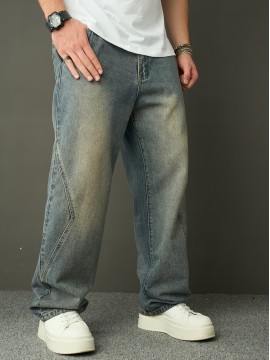Men'S Faux Denim Washed Retro Casual Straight Leg Pants Fashionable And Versatile High Street Loose Wide Leg Pants