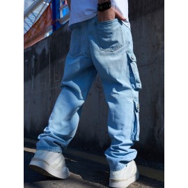 Men's Stylish Loose-Fit Cargo Jeans with Large Pockets - Casual Straight Leg Denim, Machine Washable Men's Stylish Loose-Fit Cargo Jeans with Large Pockets - Casual Straight Leg Denim, Machine Washable