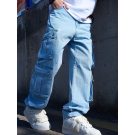 Men's Stylish Loose-Fit Cargo Jeans with Large Pockets - Casual Straight Leg Denim, Machine Washable Men's Stylish Loose-Fit Cargo Jeans with Large Pockets - Casual Straight Leg Denim, Machine Washable
