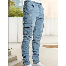 Men's Casual Flap Pocket Skinny Jeans, Chic Street Style Medium Stretch Denim Pants Men's Casual Flap Pocket Skinny Jeans, Chic Street Style Medium Stretch Denim Pants