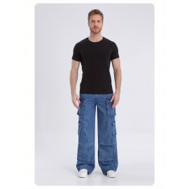 1pc Men'S Geometric-Patterned Multi-Pocket Faux Denim Faux Denim - All-Season Regular Fit Woven Fabric, Comfortable Street Style Basics for Adults 1pc Men'S Geometric-Patterned Multi-Pocket Faux Denim Faux Denim - All-Season Regular Fit Woven Fabric, Comfortable Street Style Basics for Adults