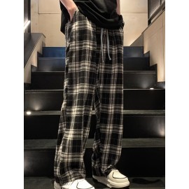 Men's Casual Plaid Long Pants With Drawstring - Basic Straight-Leg Trousers For Casual Wear Men's Casual Plaid Long Pants With Drawstring - Basic Straight-Leg Trousers For Casual Wear