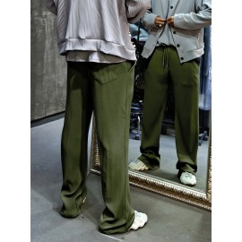 Men's Casual Drawstring Pants - Mid-Waist, Straight Leg, Solid Color Ribbed Design, Polyester Blend, Machine Washable Men's Casual Drawstring Pants - Mid-Waist, Straight Leg, Solid Color Ribbed Design, Polyester Blend, Machine Washable