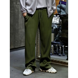 Men's Casual Drawstring Pants - Mid-Waist, Straight Leg, Solid Color Ribbed Design, Polyester Blend, Machine Washable Men's Casual Drawstring Pants - Mid-Waist, Straight Leg, Solid Color Ribbed Design, Polyester Blend, Machine Washable