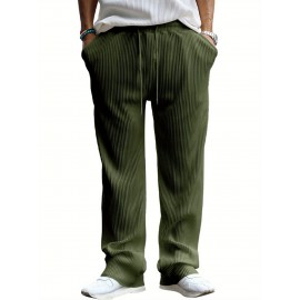 Men's Casual Drawstring Pants - Mid-Waist, Straight Leg, Solid Color Ribbed Design, Polyester Blend, Machine Washable Men's Casual Drawstring Pants - Mid-Waist, Straight Leg, Solid Color Ribbed Design, Polyester Blend, Machine Washable