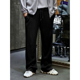 Men's Casual Drawstring Pants - Mid-Waist, Straight Leg, Solid Color Ribbed Design, Polyester Blend, Machine Washable Men's Casual Drawstring Pants - Mid-Waist, Straight Leg, Solid Color Ribbed Design, Polyester Blend, Machine Washable
