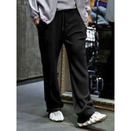 Men's Casual Drawstring Pants - Mid-Waist, Straight Leg, Solid Color Ribbed Design, Polyester Blend, Machine Washable Men's Casual Drawstring Pants - Mid-Waist, Straight Leg, Solid Color Ribbed Design, Polyester Blend, Machine Washable