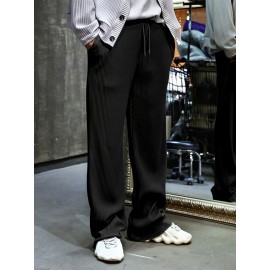 Men's Casual Drawstring Pants - Mid-Waist, Straight Leg, Solid Color Ribbed Design, Polyester Blend, Machine Washable Men's Casual Drawstring Pants - Mid-Waist, Straight Leg, Solid Color Ribbed Design, Polyester Blend, Machine Washable