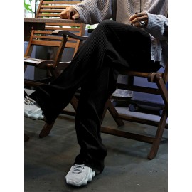 Men's Casual Drawstring Pants - Mid-Waist, Straight Leg, Solid Color Ribbed Design, Polyester Blend, Machine Washable Men's Casual Drawstring Pants - Mid-Waist, Straight Leg, Solid Color Ribbed Design, Polyester Blend, Machine Washable