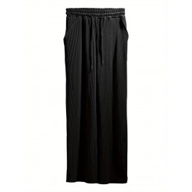 Men's Casual Drawstring Pants - Mid-Waist, Straight Leg, Solid Color Ribbed Design, Polyester Blend, Machine Washable Men's Casual Drawstring Pants - Mid-Waist, Straight Leg, Solid Color Ribbed Design, Polyester Blend, Machine Washable