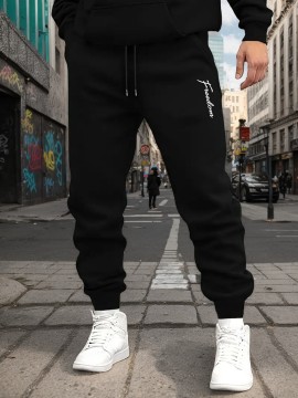 1pc Men'S Casual Sweatpants with Signature Print, 50% Cotton 50% Polyester Knit Fabric, Elastic Waist with Drawstring, Regular Fit for Weekend Casual Wear, Fall/Winter Collection
