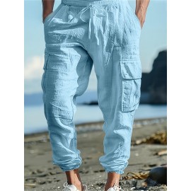 Men's Casual Cargo Pants with Drawstring - Soft, Loose Fit with Multiple Pockets, Solid Color, Machine Washable Men's Casual Cargo Pants with Drawstring - Soft, Loose Fit with Multiple Pockets, Solid Color, Machine Washable