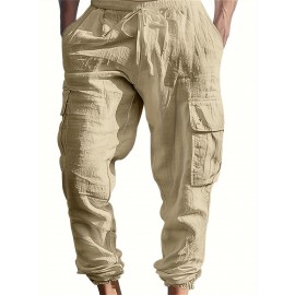 Men's Casual Cargo Pants with Drawstring - Soft, Loose Fit with Multiple Pockets, Solid Color, Machine Washable Men's Casual Cargo Pants with Drawstring - Soft, Loose Fit with Multiple Pockets, Solid Color, Machine Washable