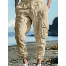 Men's Casual Cargo Pants with Drawstring - Soft, Loose Fit with Multiple Pockets, Solid Color, Machine Washable Men's Casual Cargo Pants with Drawstring - Soft, Loose Fit with Multiple Pockets, Solid Color, Machine Washable
