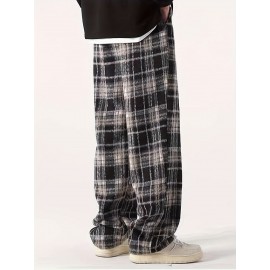 Men's Loose Fit Plaid Trousers, Breathable Comfort, Drawstring & Pockets Men's Loose Fit Plaid Trousers, Breathable Comfort, Drawstring & Pockets