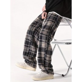 Men's Loose Fit Plaid Trousers, Breathable Comfort, Drawstring & Pockets Men's Loose Fit Plaid Trousers, Breathable Comfort, Drawstring & Pockets