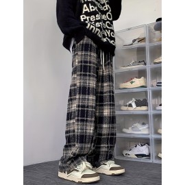 Men's Loose Fit Plaid Trousers, Breathable Comfort, Drawstring & Pockets Men's Loose Fit Plaid Trousers, Breathable Comfort, Drawstring & Pockets