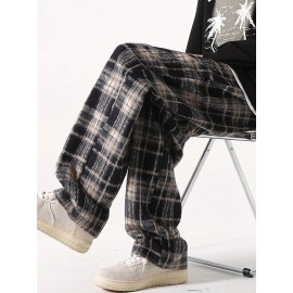 Men's Loose Fit Plaid Trousers, Breathable Comfort, Drawstring & Pockets Men's Loose Fit Plaid Trousers, Breathable Comfort, Drawstring & Pockets