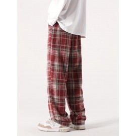 Men's Loose Fit Plaid Trousers, Breathable Comfort, Drawstring & Pockets Men's Loose Fit Plaid Trousers, Breathable Comfort, Drawstring & Pockets